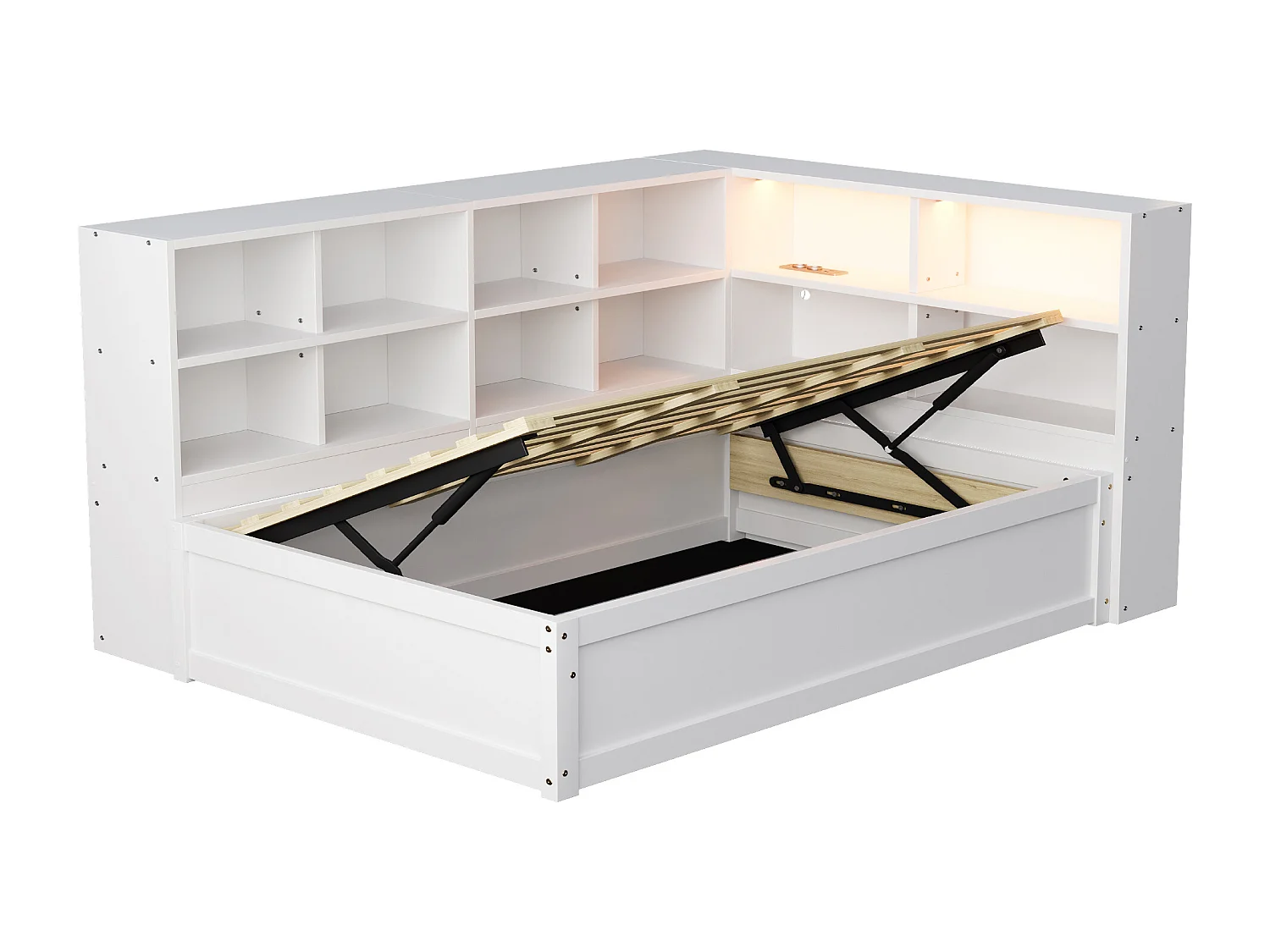 Lit coffre canapé blanc 90x200 cm avec éclairage LED, compartiment de rangement et prise (sans matelas)