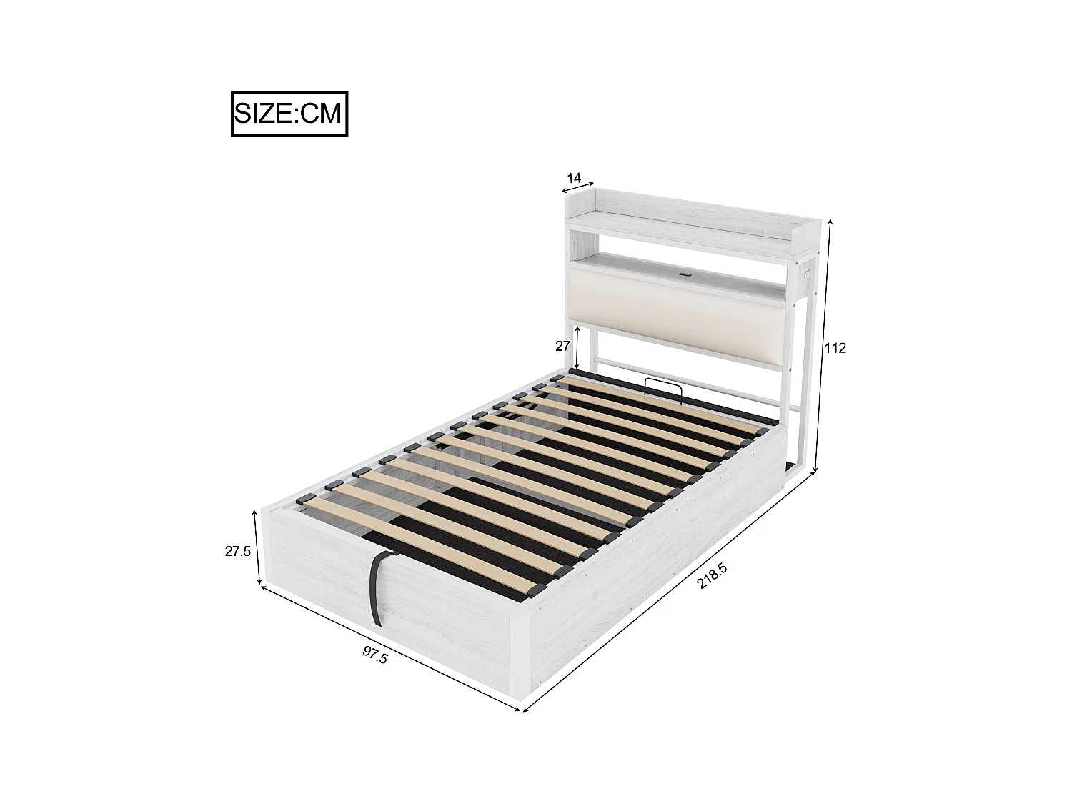 Wit eenpersoonsbed met opbergruimte 90x200cm met PU hoofdbord en USB-aansluiting, MDF (zonder matras)