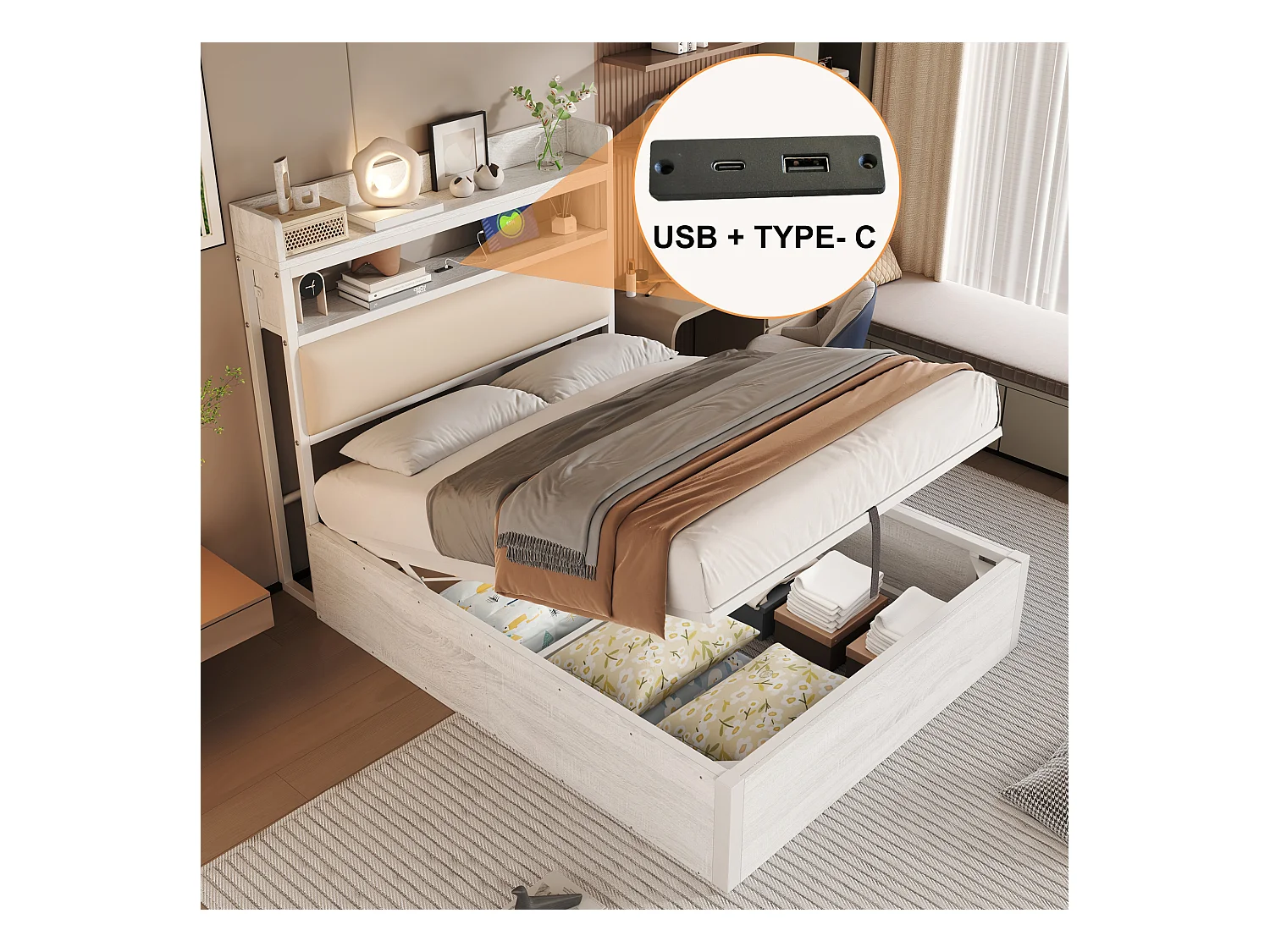 Wit eenpersoonsbed met opbergruimte 90x200cm met PU hoofdbord en USB-aansluiting, MDF (zonder matras)