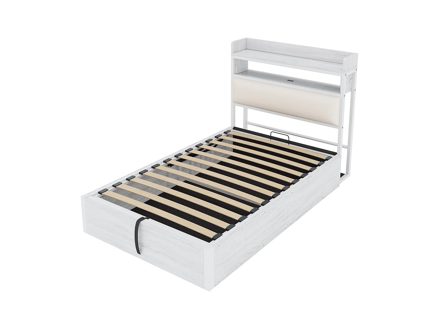 Wit eenpersoonsbed met opbergruimte 90x200cm met PU hoofdbord en USB-aansluiting, MDF (zonder matras)