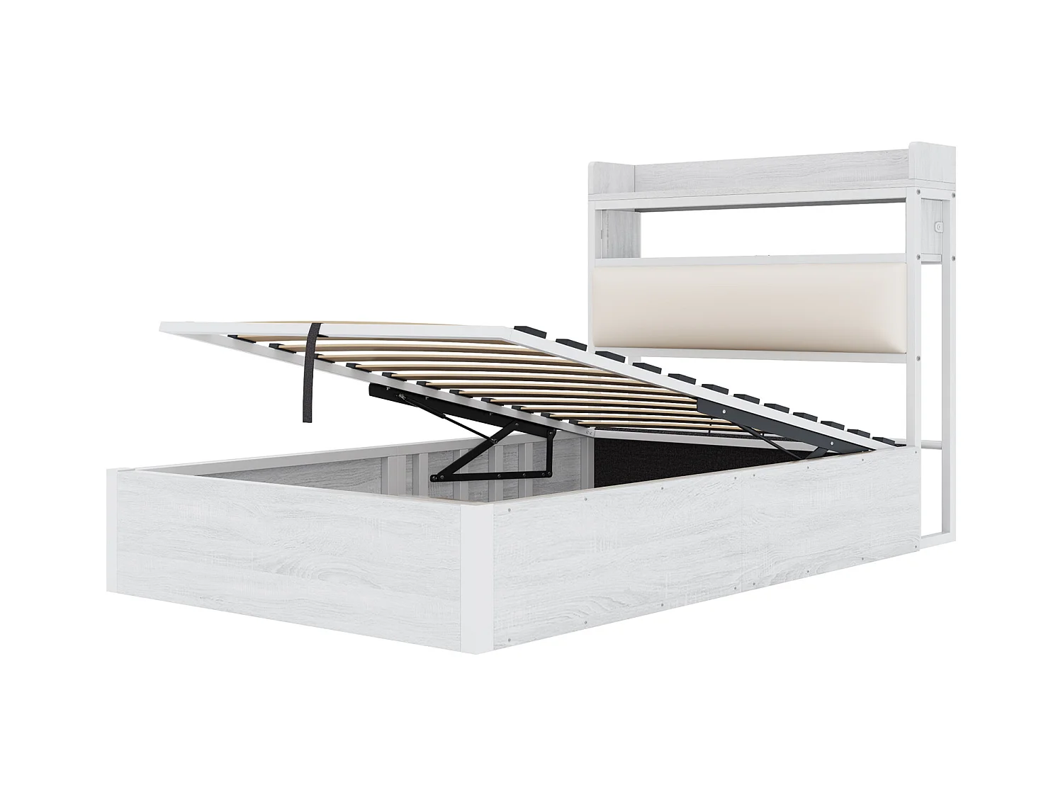 Wit eenpersoonsbed met opbergruimte 90x200cm met PU hoofdbord en USB-aansluiting, MDF (zonder matras)