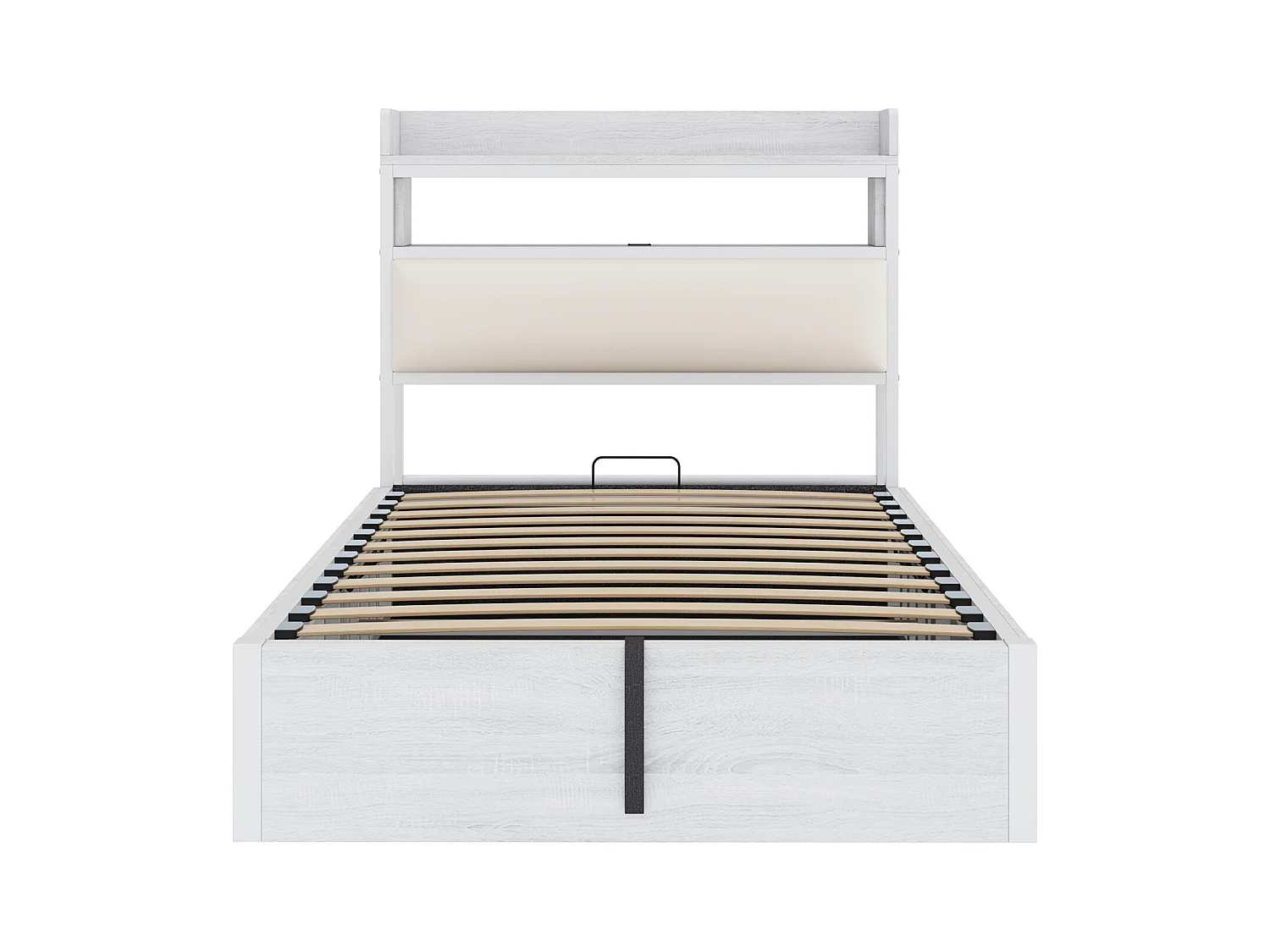 Wit eenpersoonsbed met opbergruimte 90x200cm met PU hoofdbord en USB-aansluiting, MDF (zonder matras)