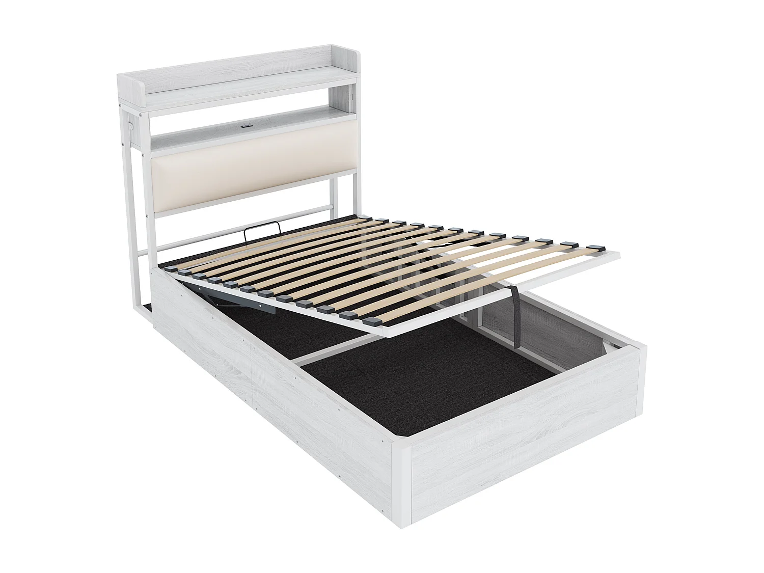 Lit simple coffre blanc 90x200cm avec tête de lit en PU et port USB, MDF (sans matelas)
