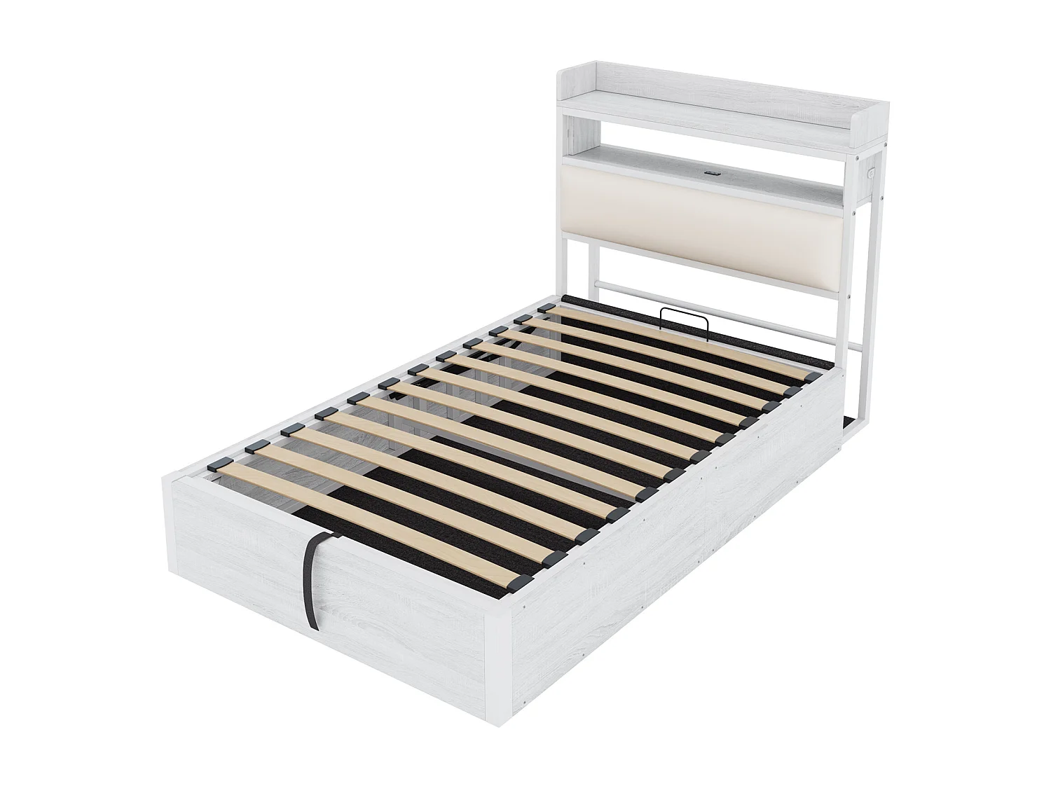 Lit simple coffre blanc 90x200cm avec tête de lit en PU et port USB, MDF (sans matelas)