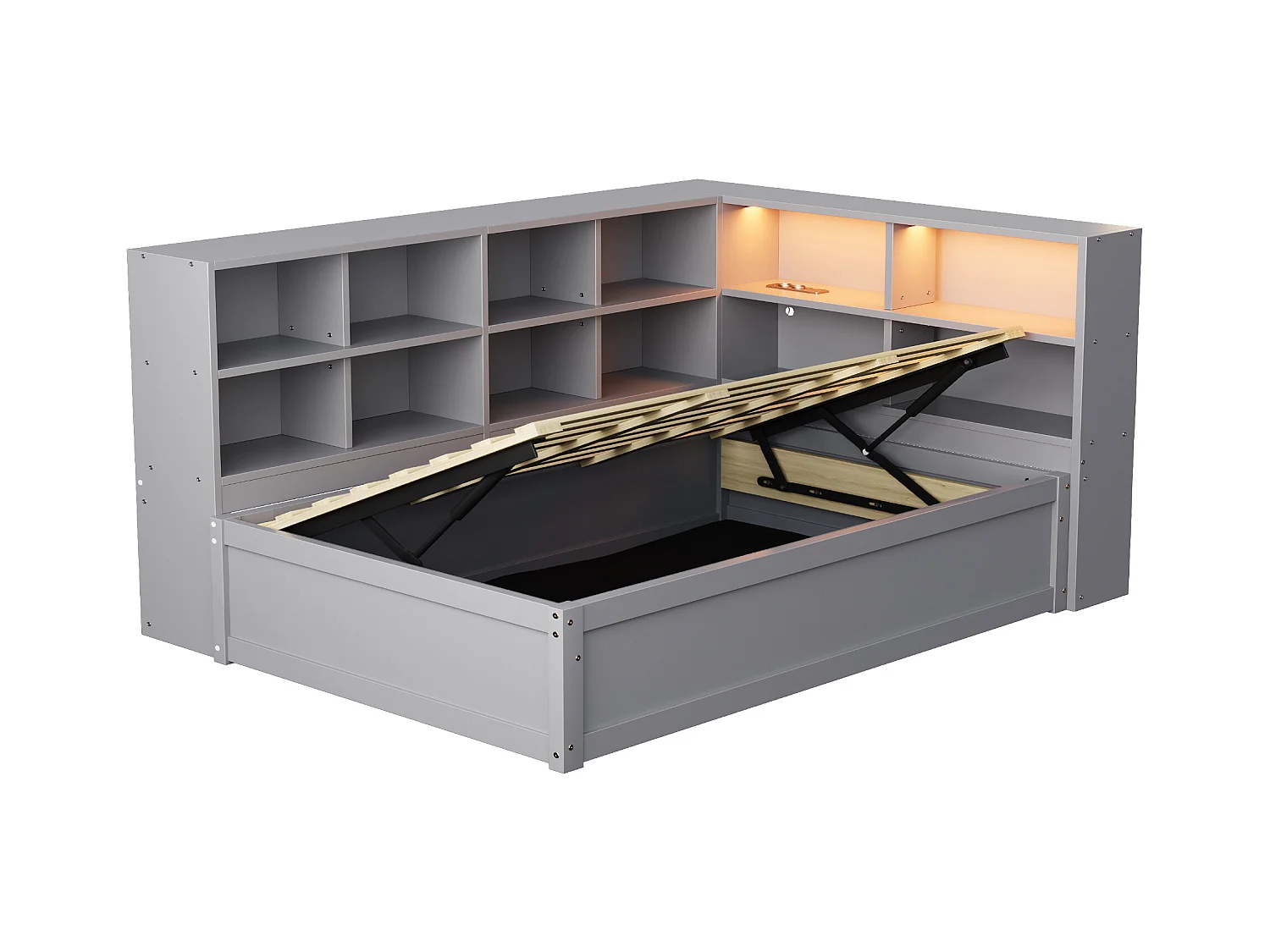 Grijze slaapbank 90x200 cm met ledverlichting, opbergvak en stopcontact (zonder matras)