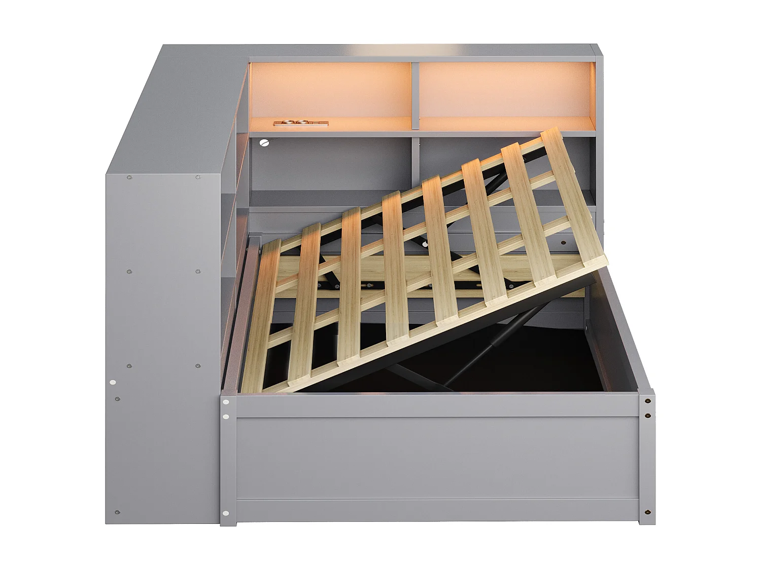 Grijze slaapbank 90x200 cm met ledverlichting, opbergvak en stopcontact (zonder matras)