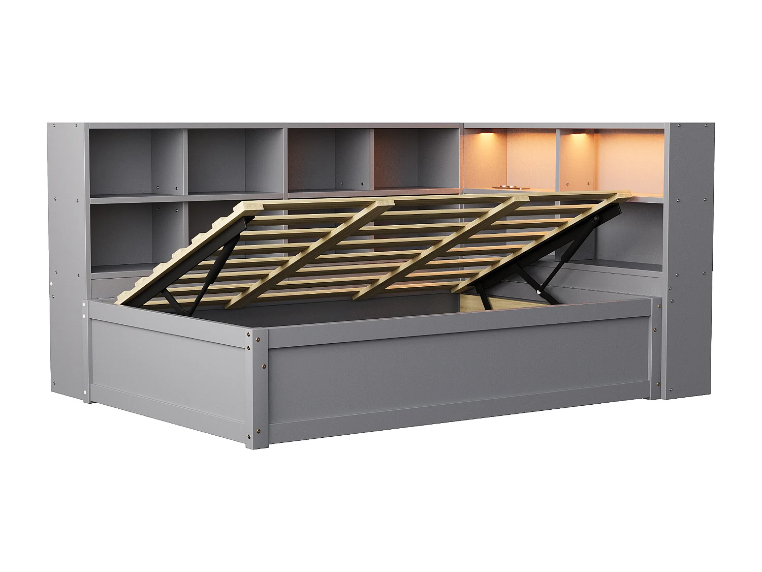 Grijze slaapbank 90x200 cm met ledverlichting, opbergvak en stopcontact (zonder matras)