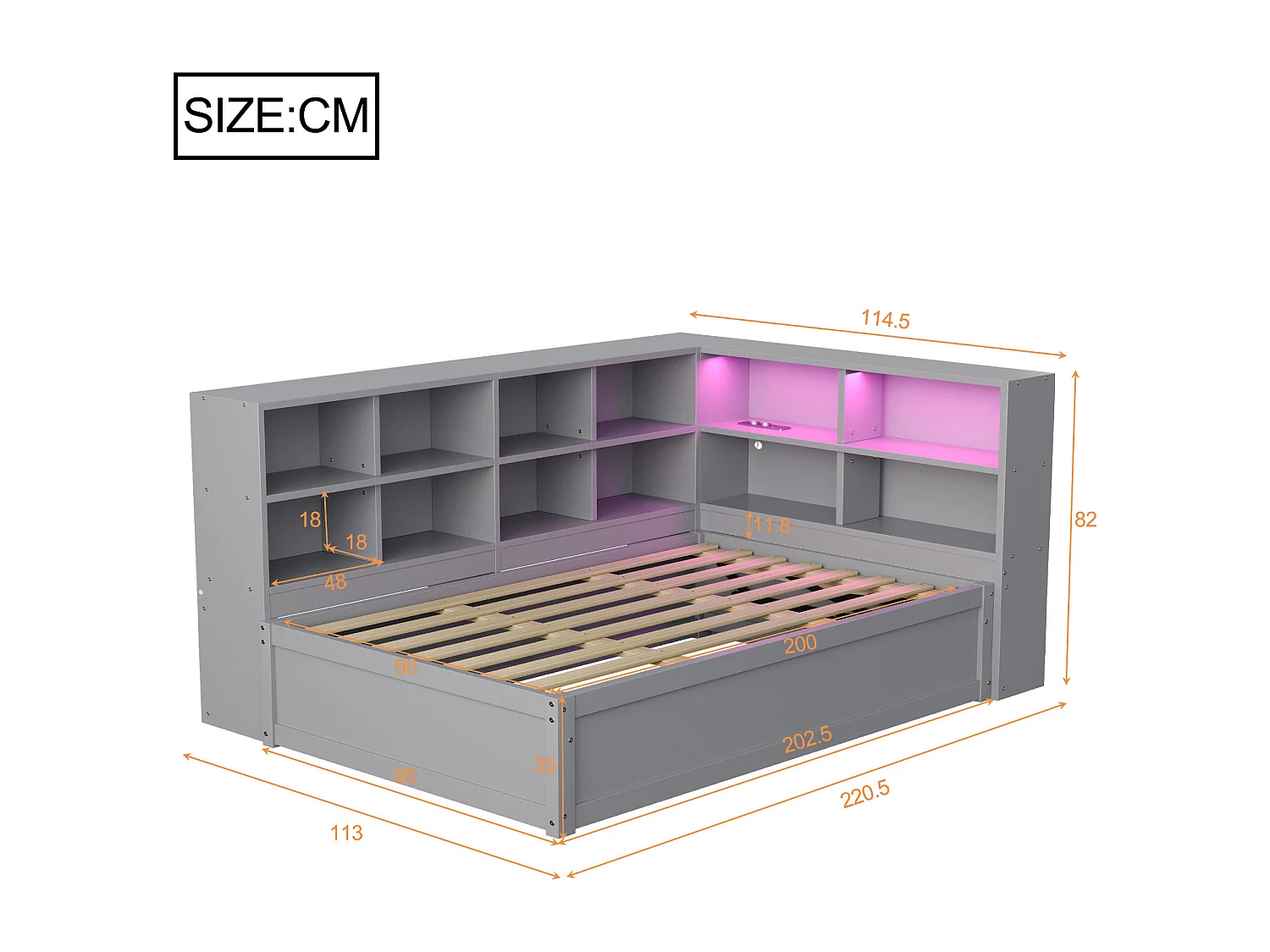 Lit coffre canapé gris 90x200 cm avec éclairage LED, compartiment de rangement et prise (sans matelas)