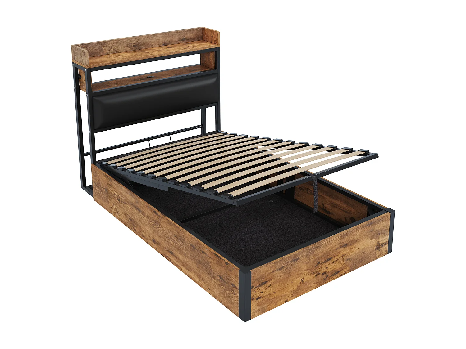 Lit simple coffre bois et noir 90x200cm avec tête de lit en PU et port USB , MDF (sans matelas)