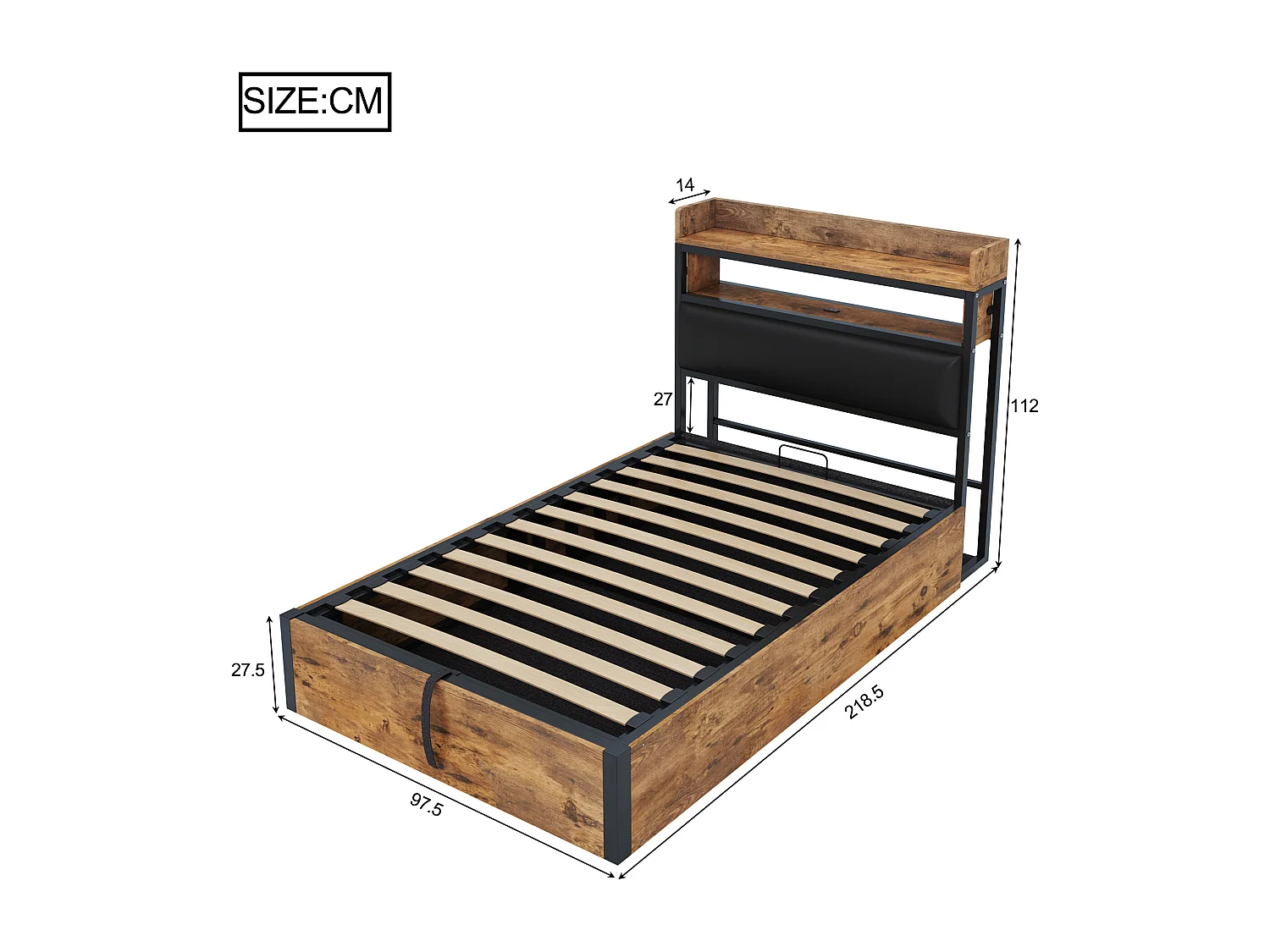 Lit simple coffre bois et noir 90x200cm avec tête de lit en PU et port USB , MDF (sans matelas)