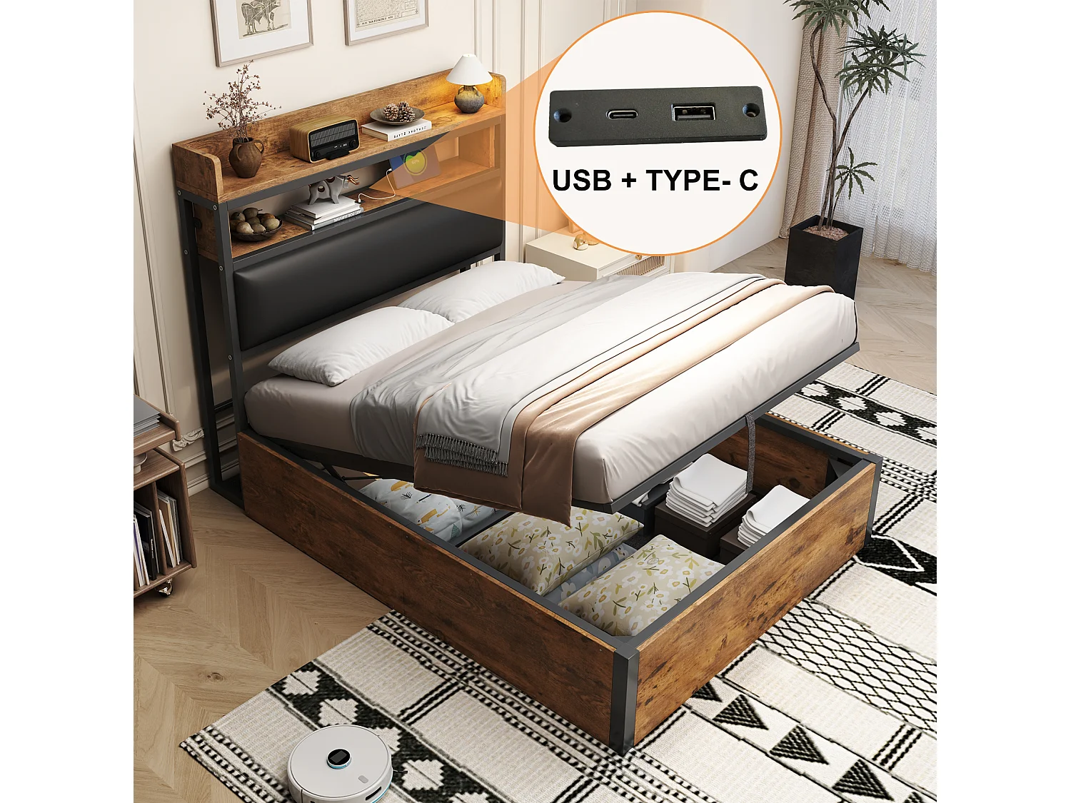 Lit simple coffre bois et noir 90x200cm avec tête de lit en PU et port USB , MDF (sans matelas)