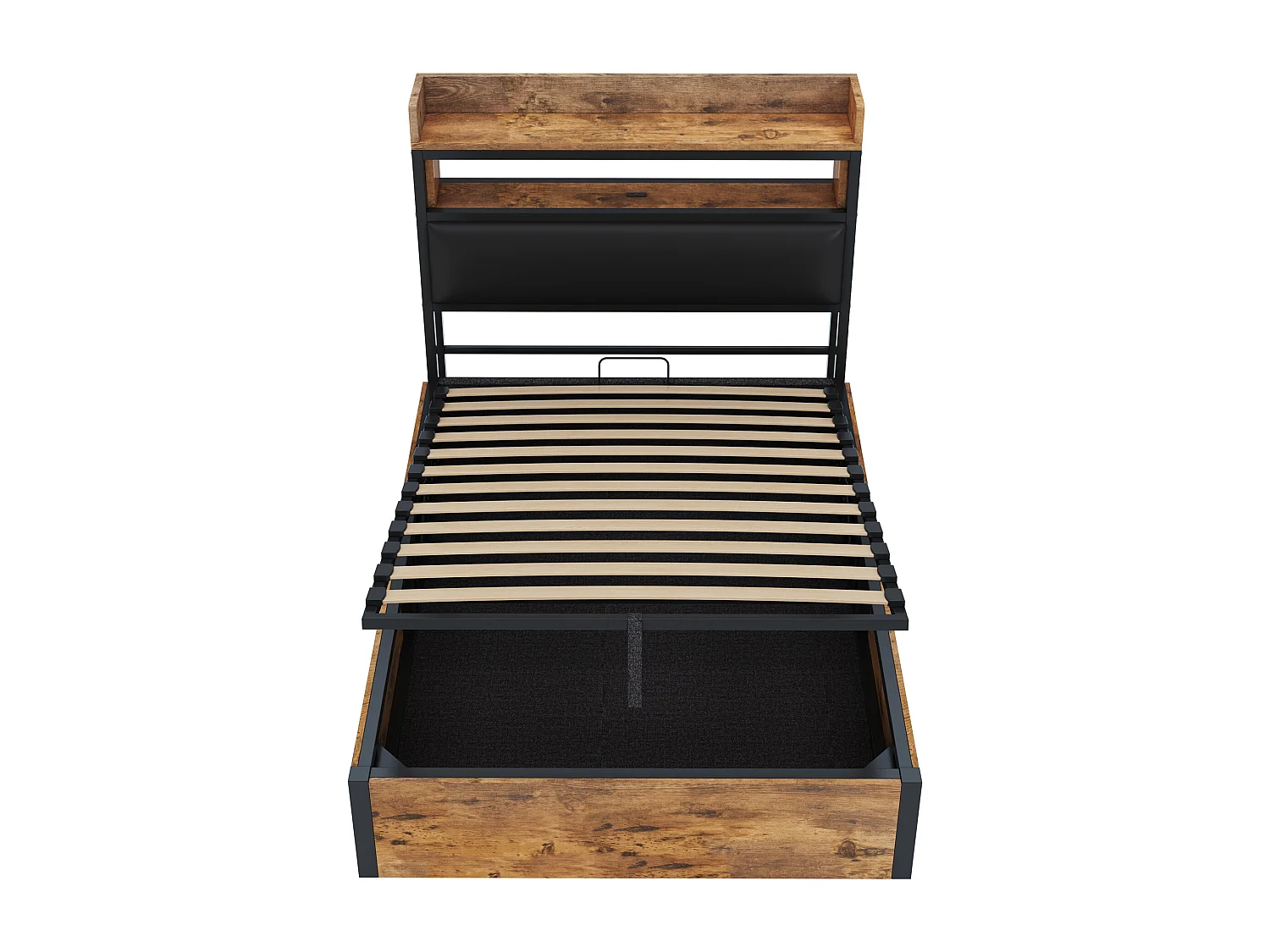 Lit simple coffre bois et noir 90x200cm avec tête de lit en PU et port USB , MDF (sans matelas)