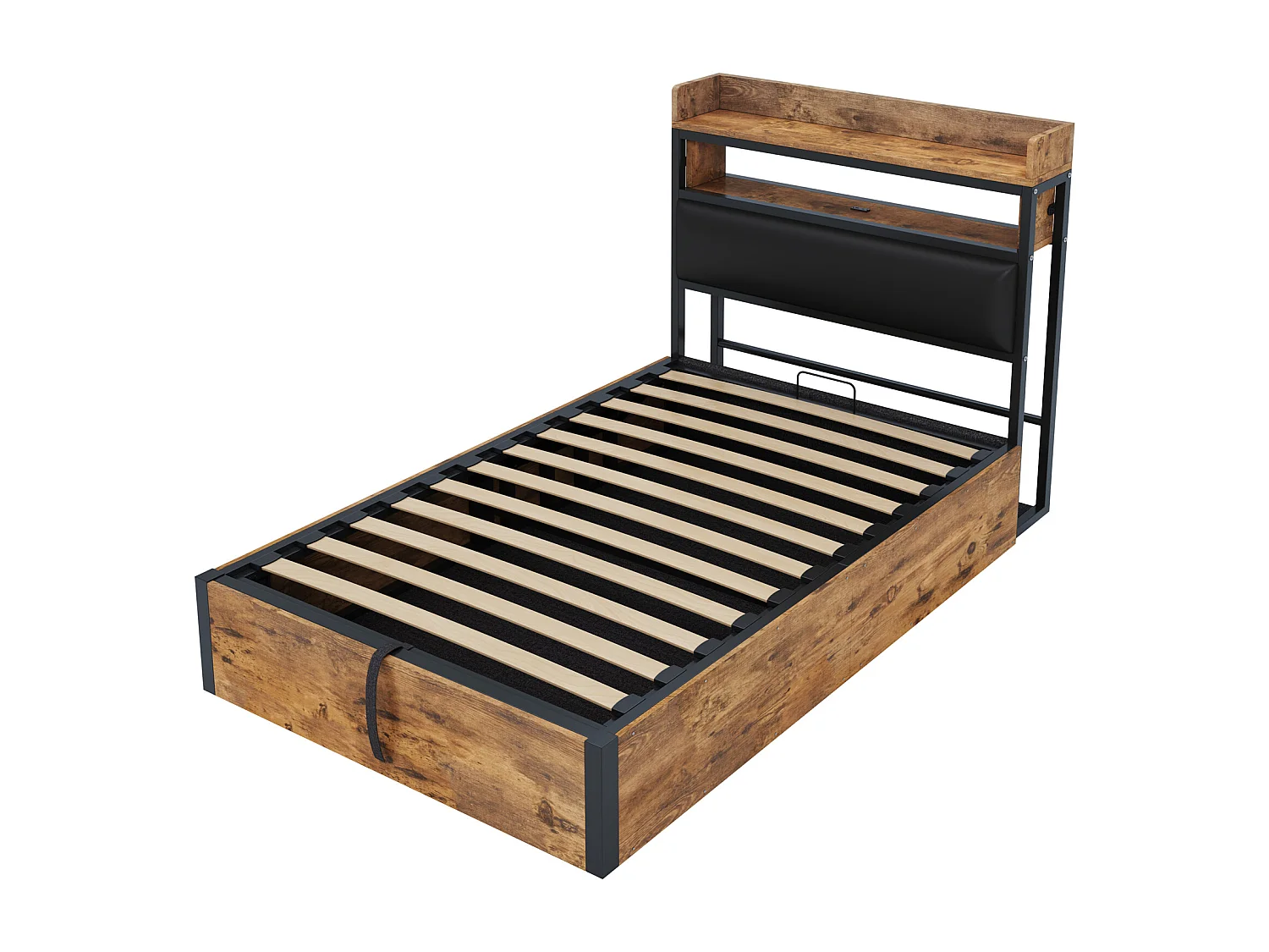 Lit simple coffre bois et noir 90x200cm avec tête de lit en PU et port USB , MDF (sans matelas)