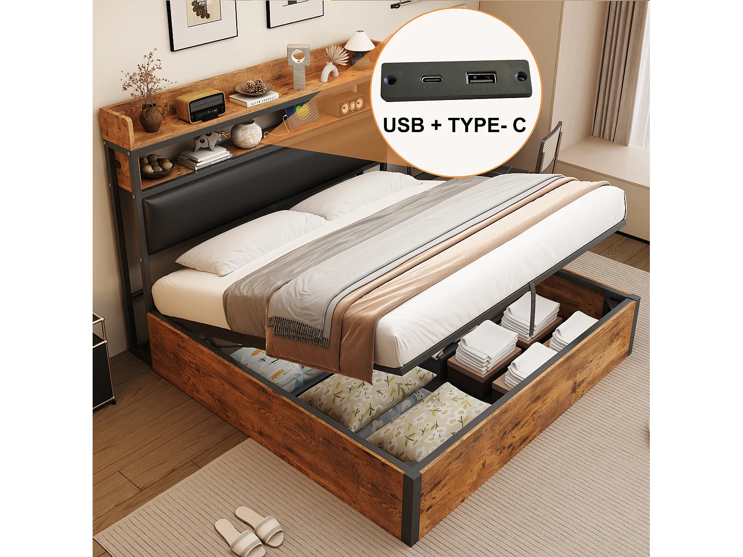 Lit double coffre bois et noir 180x200cm avec tête de lit en PU et port USB , MDF (sans matelas)