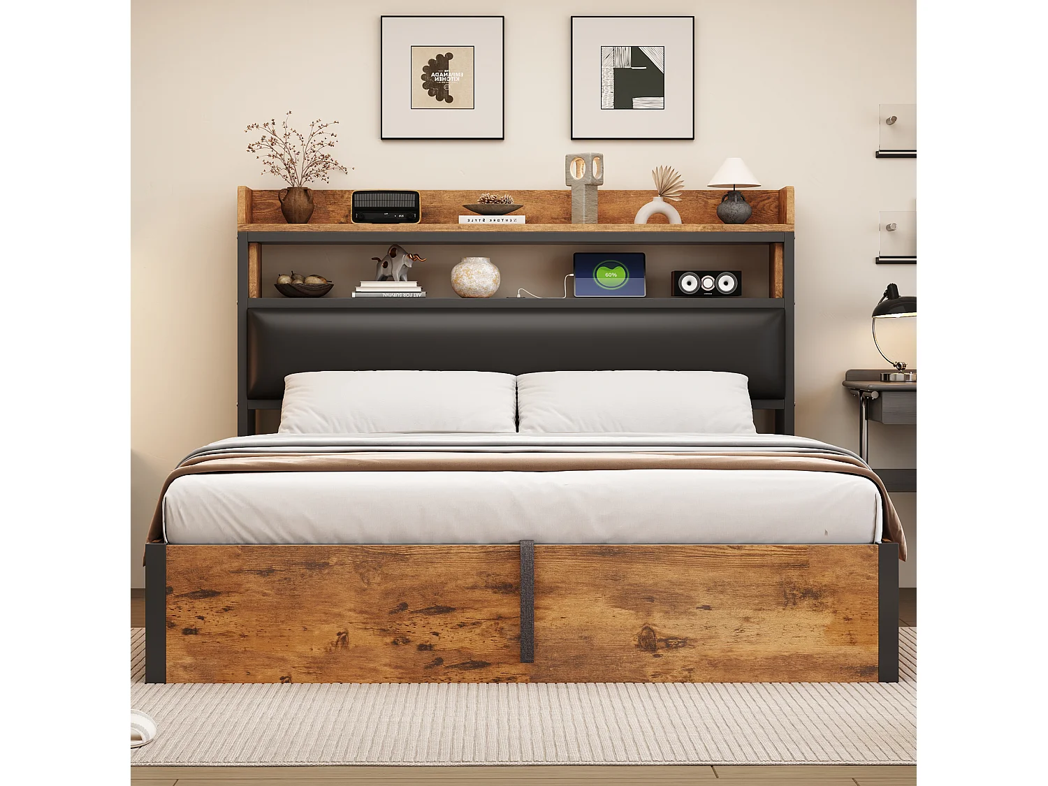 Lit double coffre bois et noir 180x200cm avec tête de lit en PU et port USB , MDF (sans matelas)