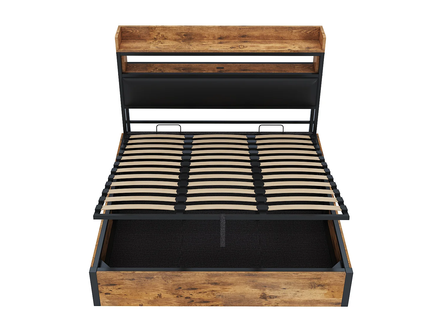 Lit double coffre bois et noir 180x200cm avec tête de lit en PU et port USB , MDF (sans matelas)