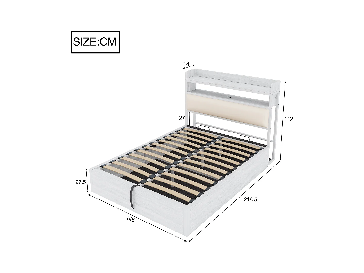 Wit tweepersoonsbed met opbergruimte 140x200cm met PU hoofdbord en USB-aansluiting, MDF (zonder matras)