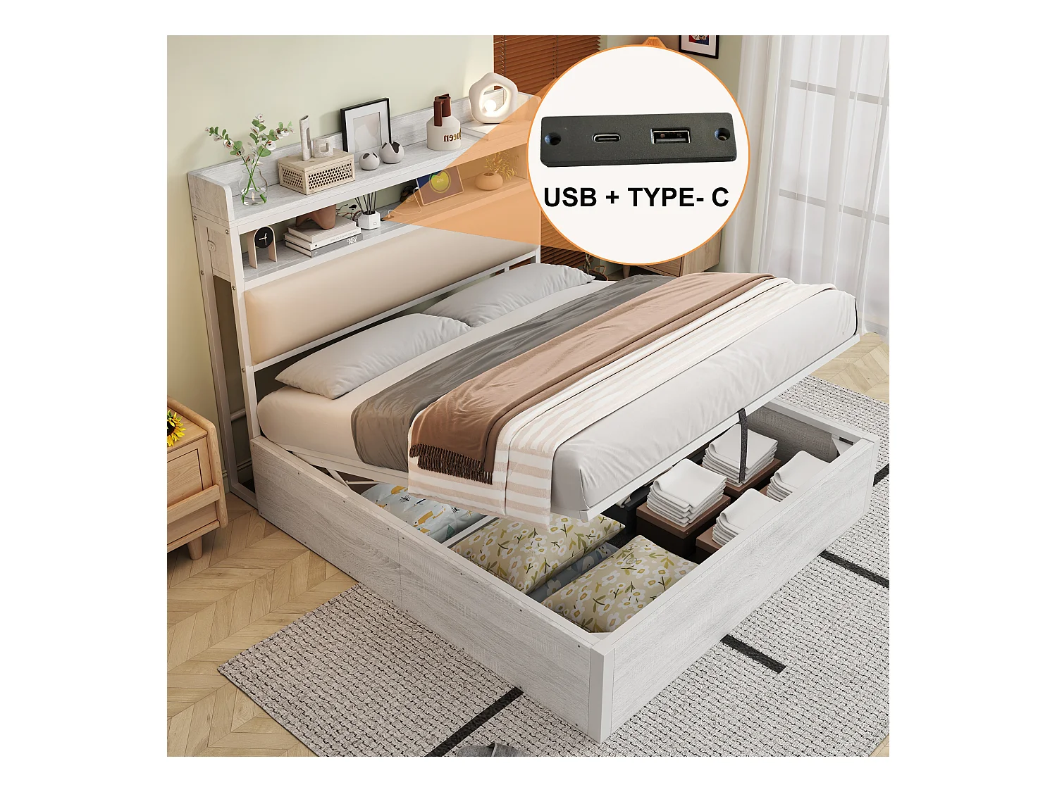 Wit tweepersoonsbed met opbergruimte 140x200cm met PU hoofdbord en USB-aansluiting, MDF (zonder matras)