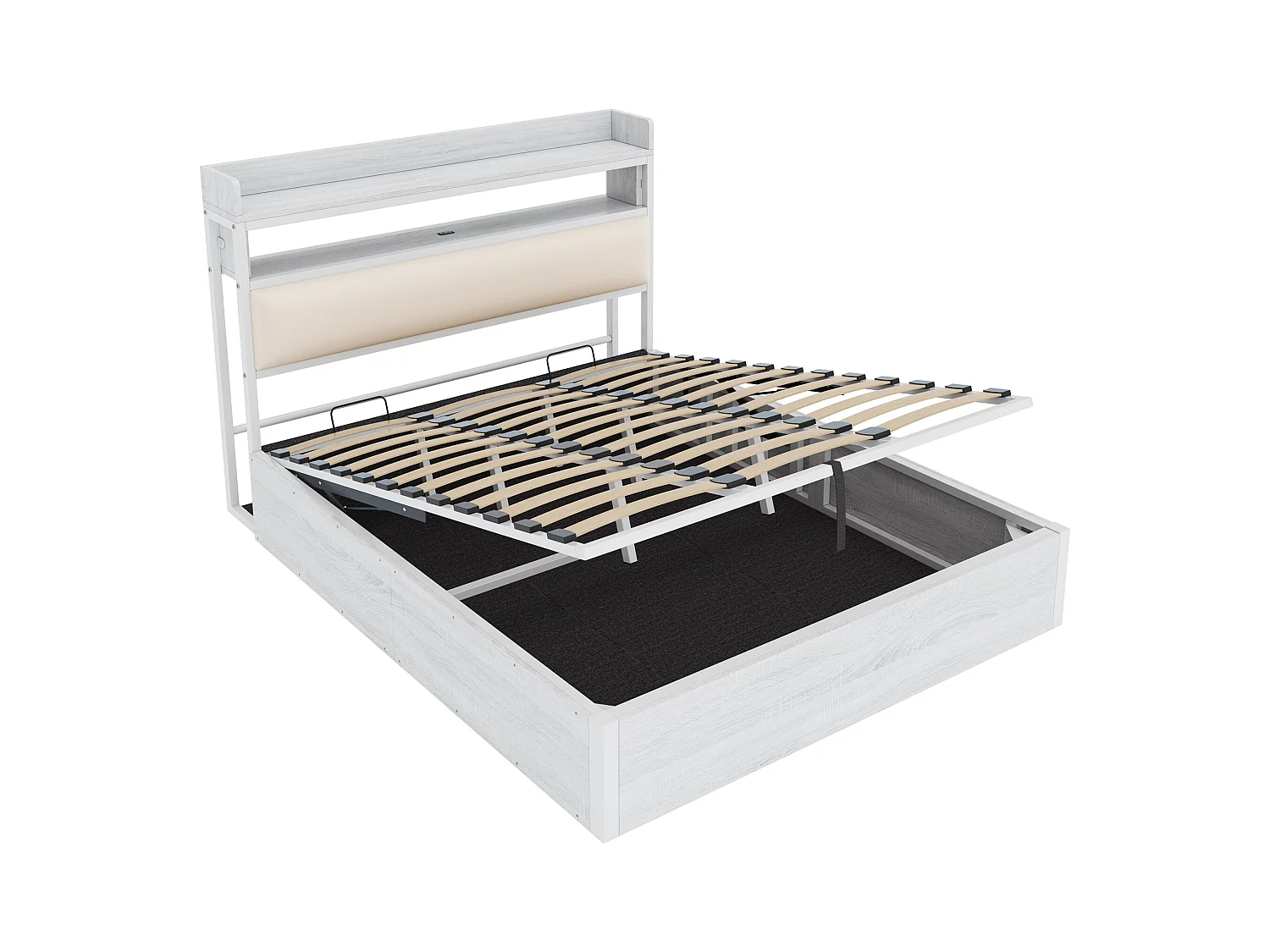 Wit tweepersoonsbed met opbergruimte 180x200cm met PU hoofdbord en USB-aansluiting, MDF (zonder matras)