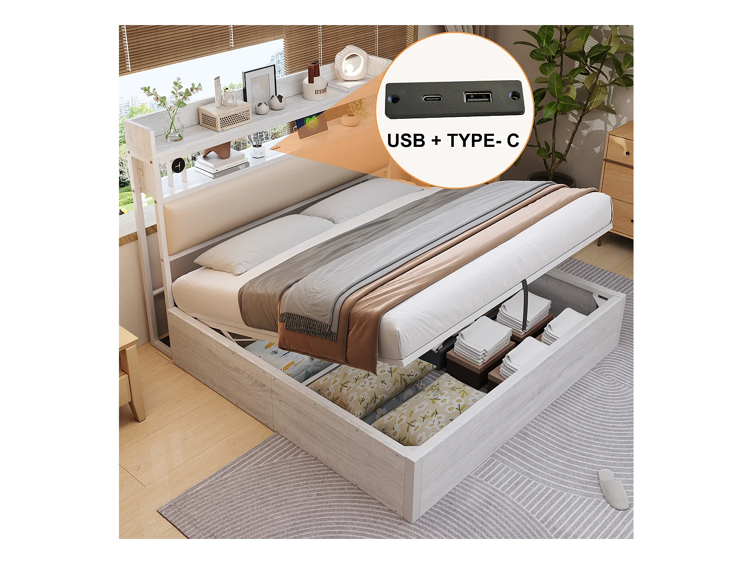 Wit tweepersoonsbed met opbergruimte 180x200cm met PU hoofdbord en USB-aansluiting, MDF (zonder matras)