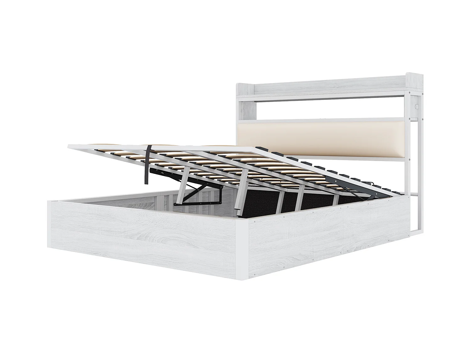 Wit tweepersoonsbed met opbergruimte 180x200cm met PU hoofdbord en USB-aansluiting, MDF (zonder matras)