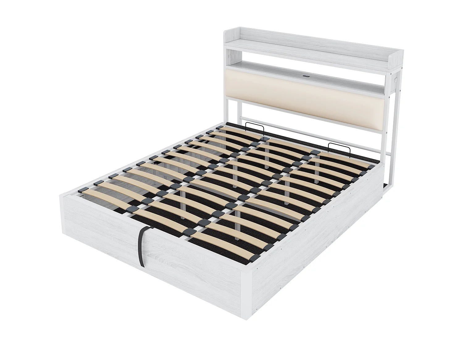 Lit double coffre blanc 180x200cm avec tête de lit en PU et port USB, MDF (sans matelas)
