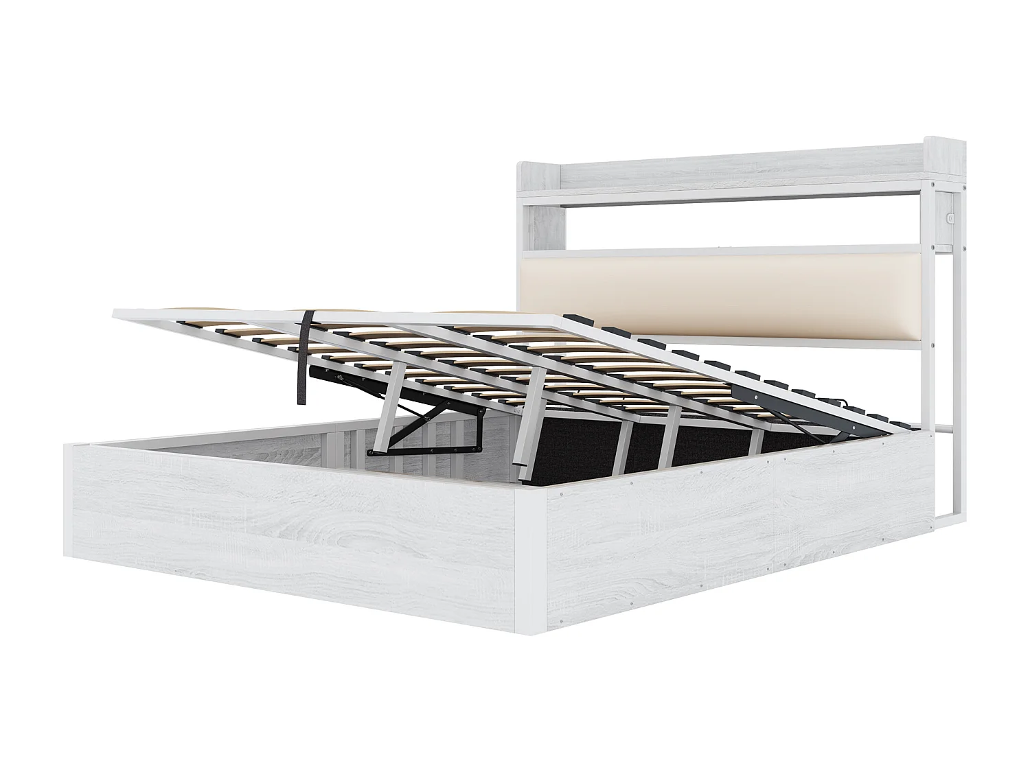 Lit double coffre blanc 180x200cm avec tête de lit en PU et port USB, MDF (sans matelas)