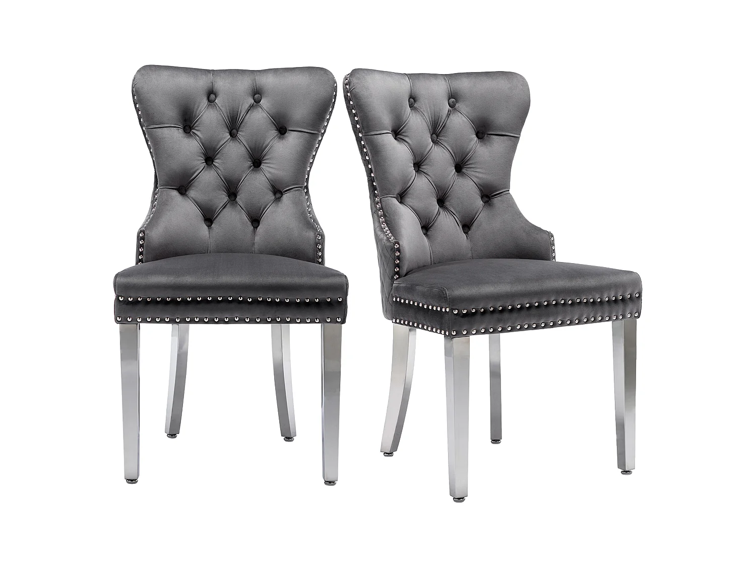 Lot de 2 chaises à manger en velours avec dossier rembourré - pieds en métal argenté - gris