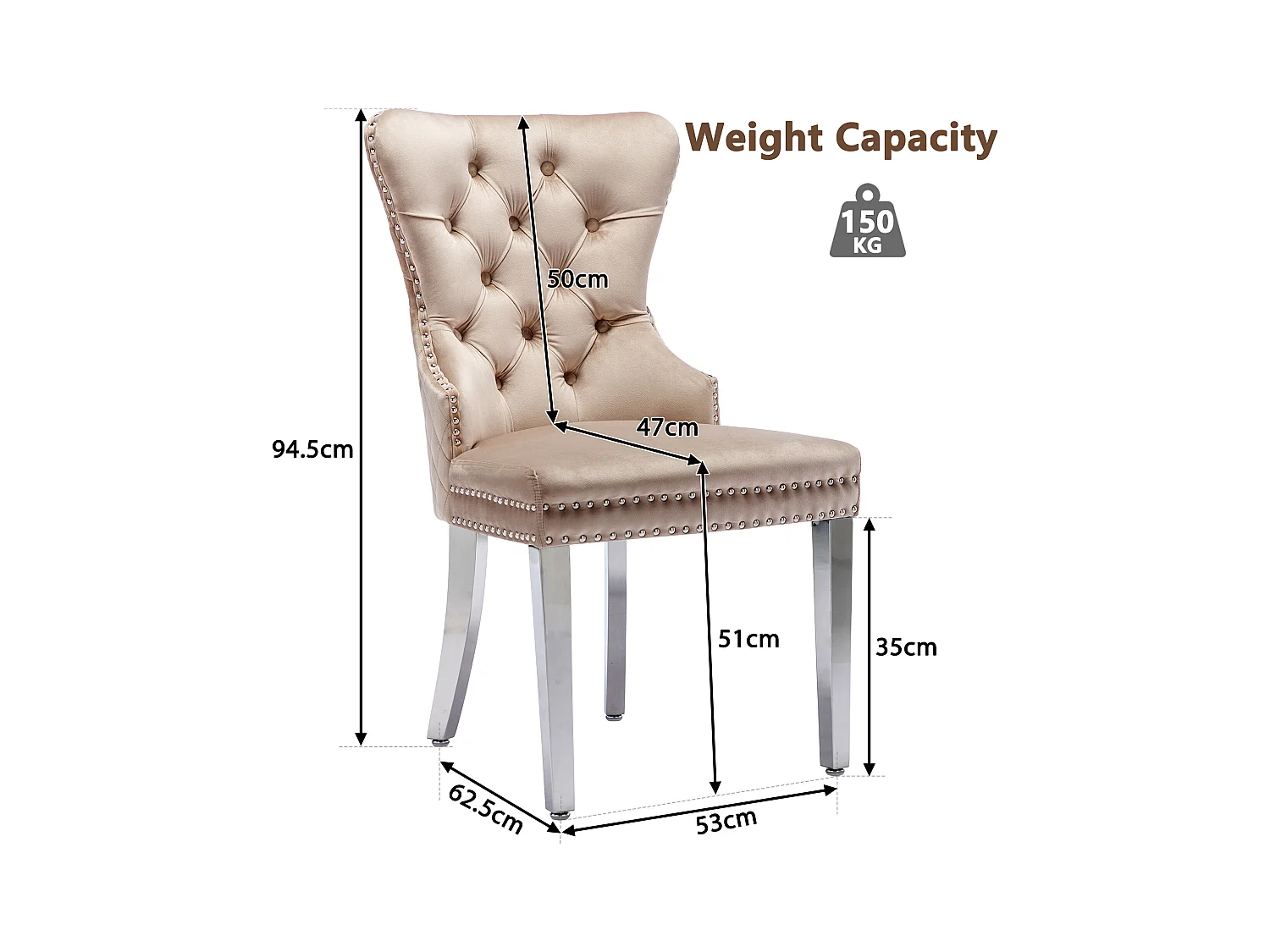 Lot de 2 chaises à manger en velours avec dossier rembourré - pieds en métal argenté - beige