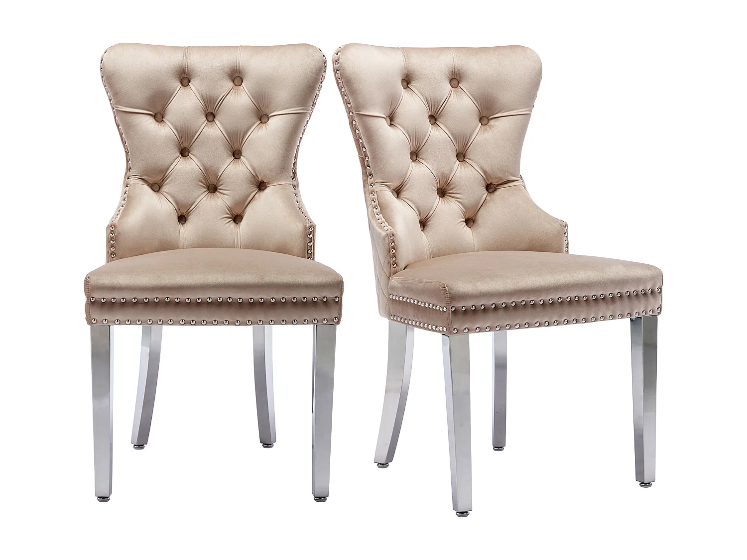 Set van 2 fluwelen eetkamerstoelen met gewatteerde rugleuning - zilveren metalen poten - beige