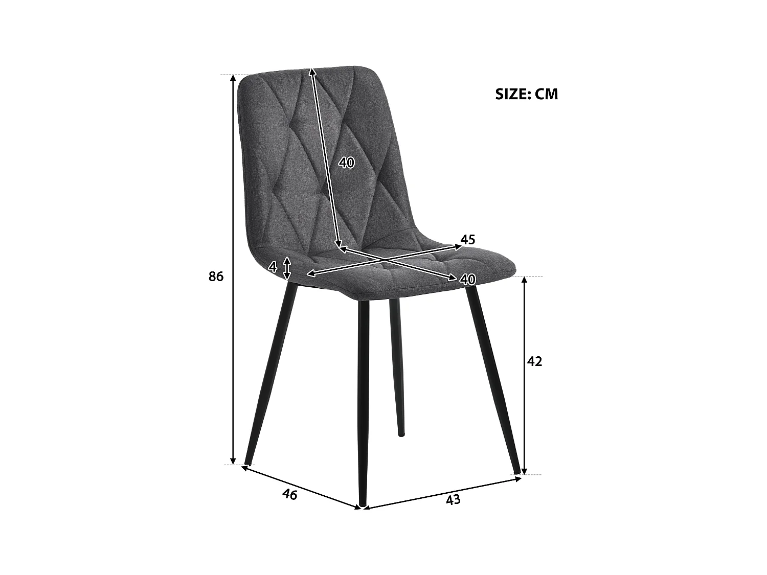 Lot de 4 chaises à manger en lin avec dossier rembourré - pieds en métal noir - gris