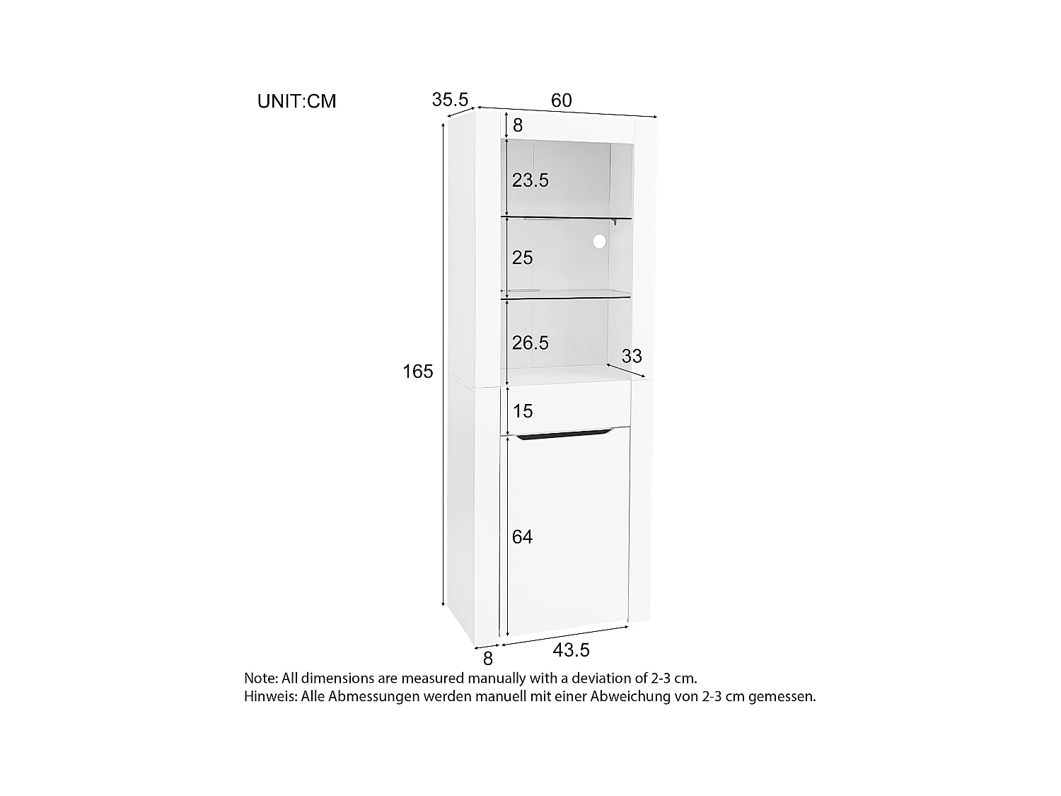 LED-vitrinekast met 2 deuren, 1 lade en 2 glazen planken - opbergmeubel - wit (60x35,5x165cm)