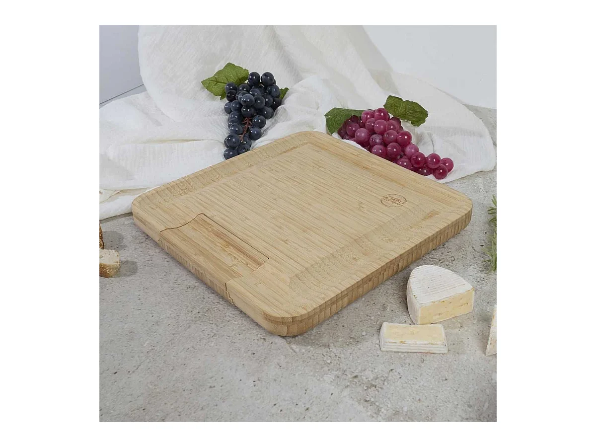 Planche apéro en bambou avec tiroir coulissant et couteaux à fromage inclus