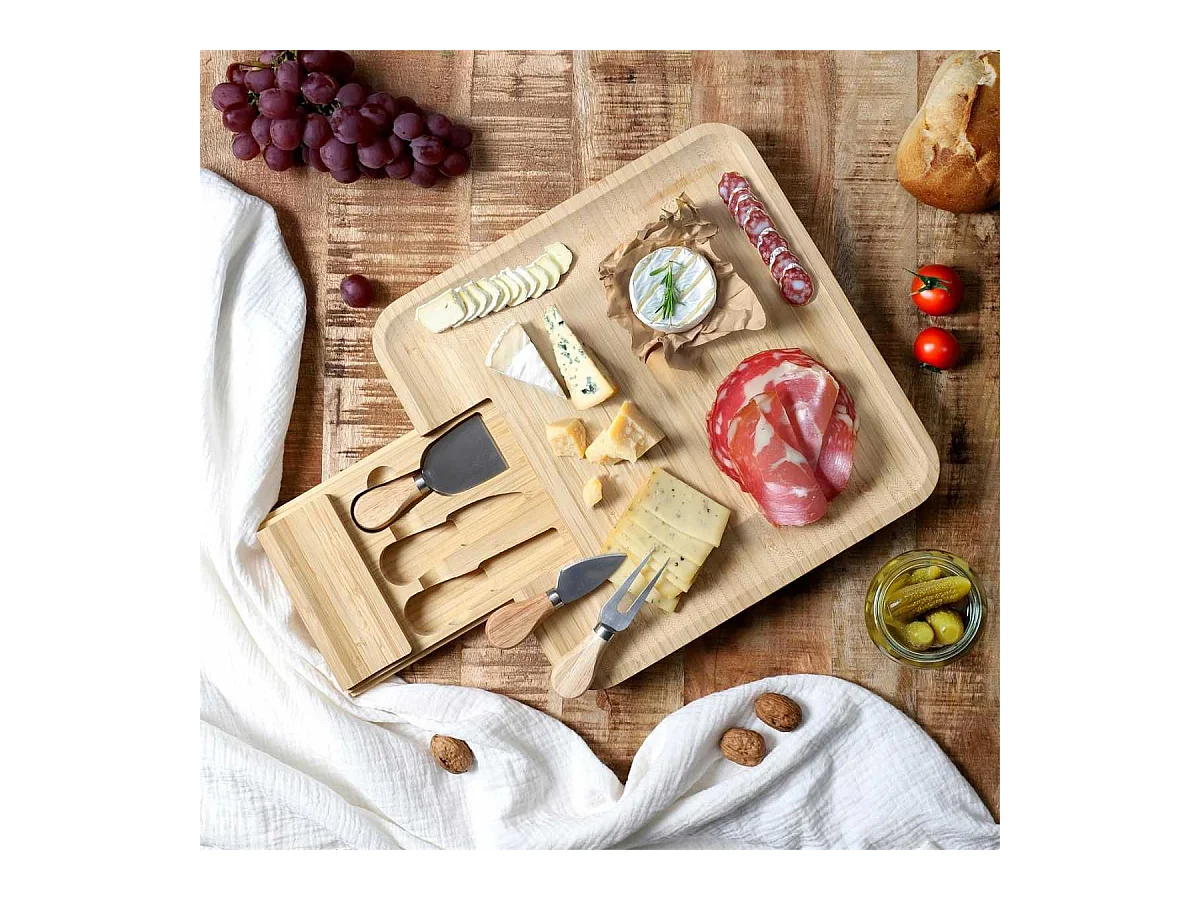 Planche apéro en bambou avec tiroir coulissant et couteaux à fromage inclus