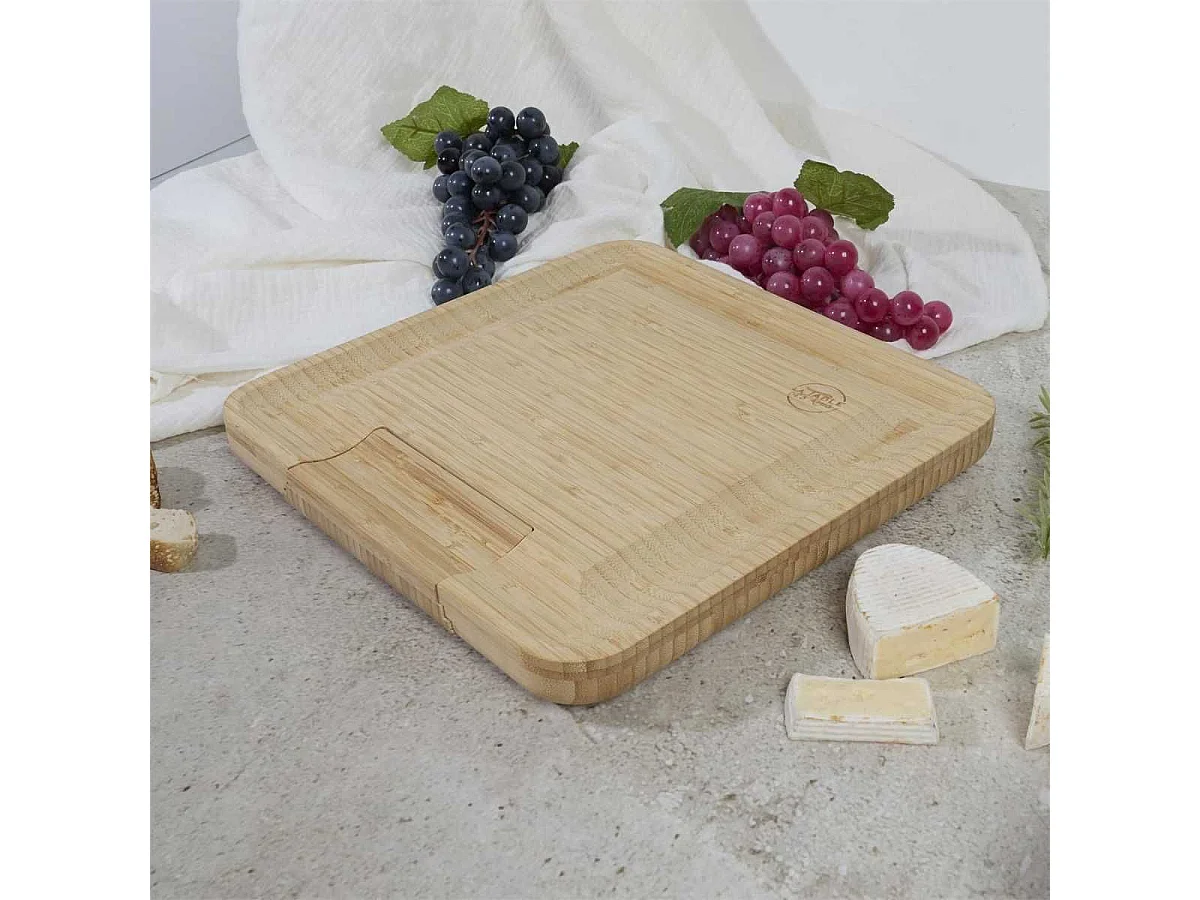 Planche apéro en bambou avec tiroir coulissant et couteaux à fromage inclus