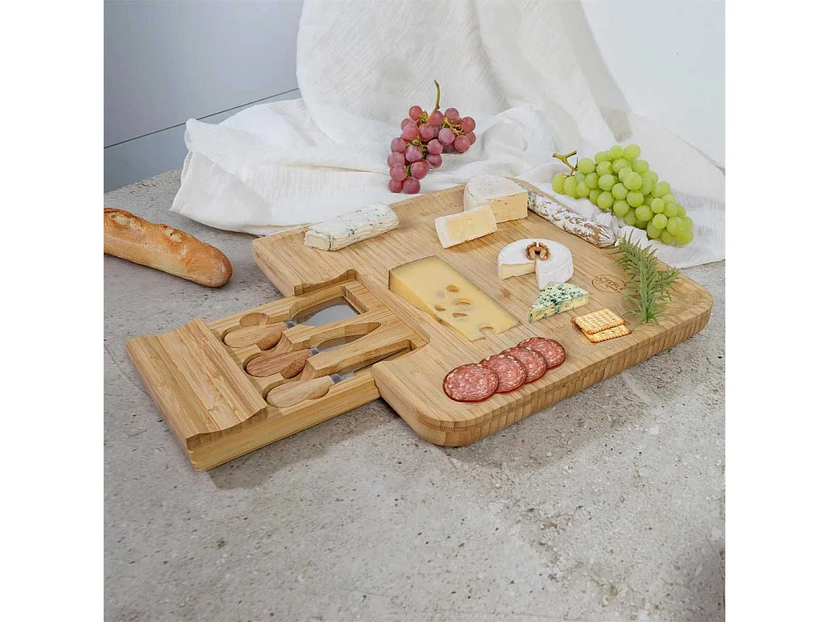 Planche apéro en bambou avec tiroir coulissant et couteaux à fromage inclus