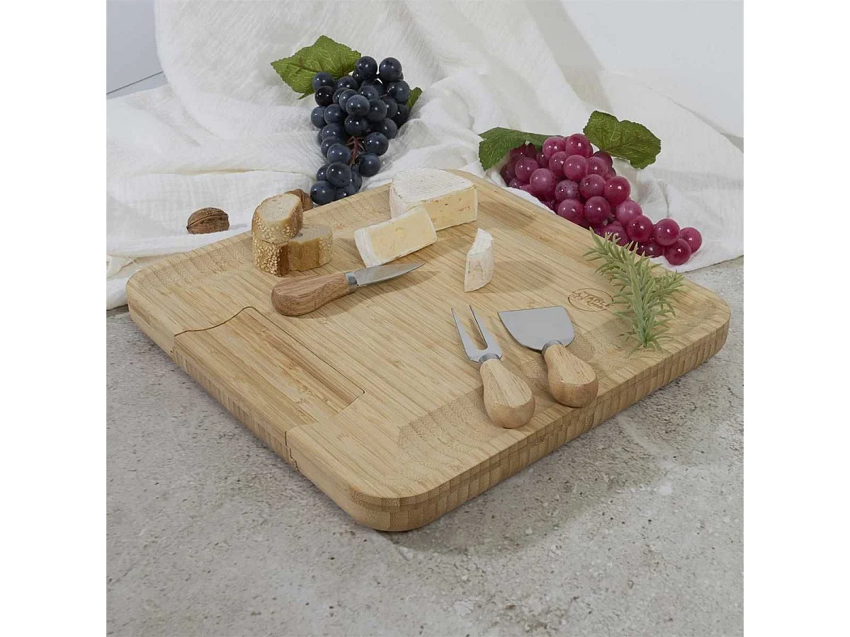 Planche apéro en bambou avec tiroir coulissant et couteaux à fromage inclus