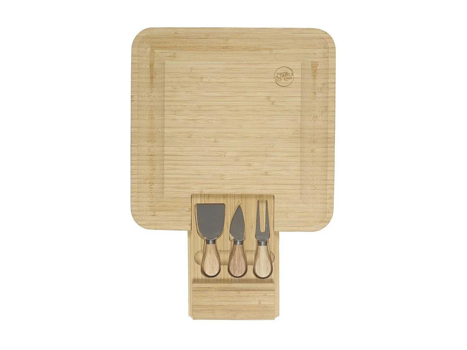 Planche apéro en bambou avec tiroir coulissant et couteaux à fromage inclus