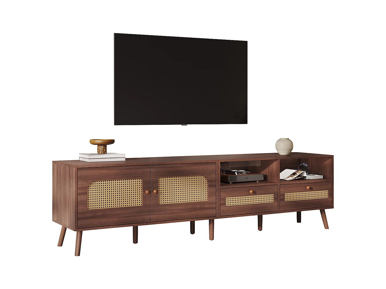 Rotan tv-meubel voor woonkamer met 2 deuren en 2 opbergladen - houten poten - bruin (200x37x49,5 cm)