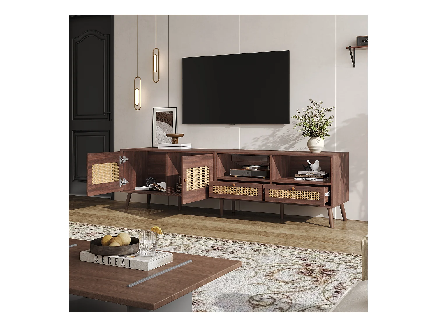 Meuble TV en rotin salon avec 2 portes et 2 tiroirs de rangement - pieds en bois - marron (200x37x49.5 cm)