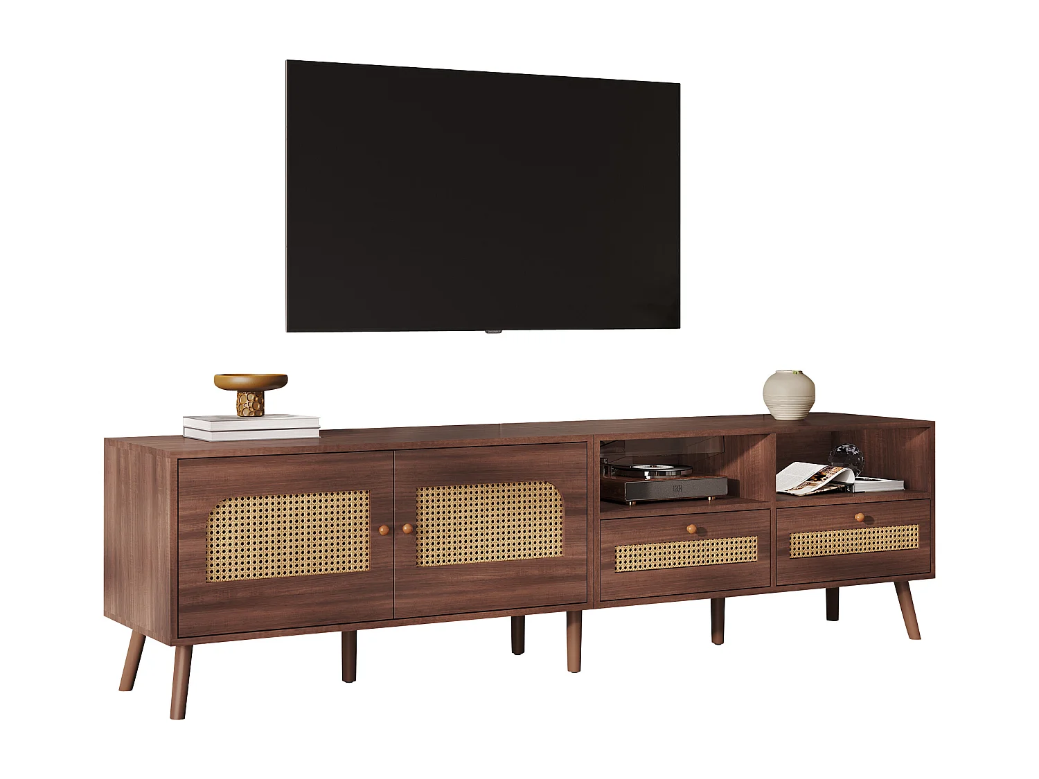 Rotan tv-meubel voor woonkamer met 2 deuren en 2 opbergladen - houten poten - bruin (200x37x49,5 cm)