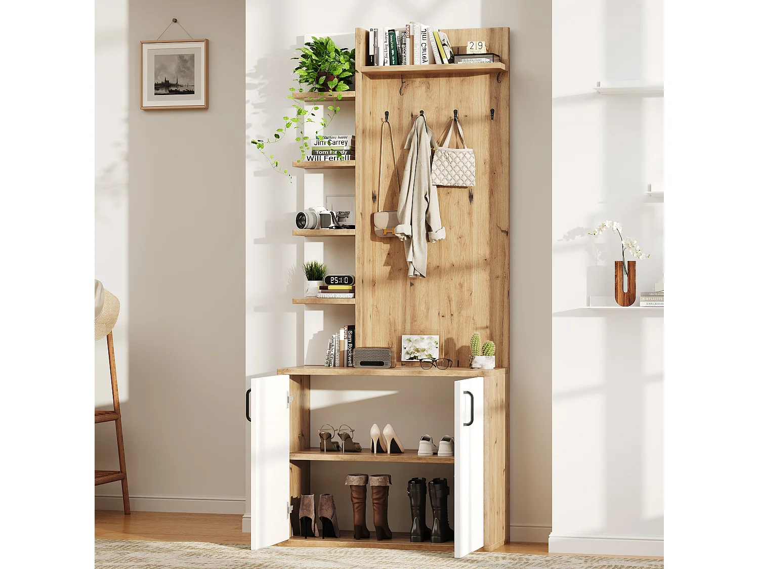 Vestiaire 75x33x180 cm avec chaussures + banc à chaussures + patères + espace de rangement - bois - blanc