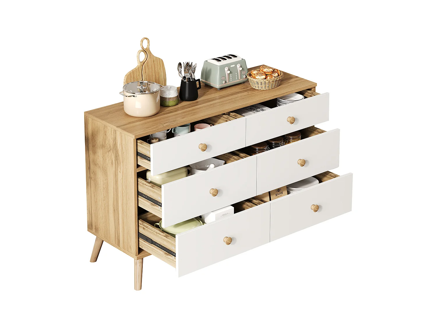 Commode 116x40x80cm avec 6 tiroirs - meuble de rangement - en bois - couleur bois naturel