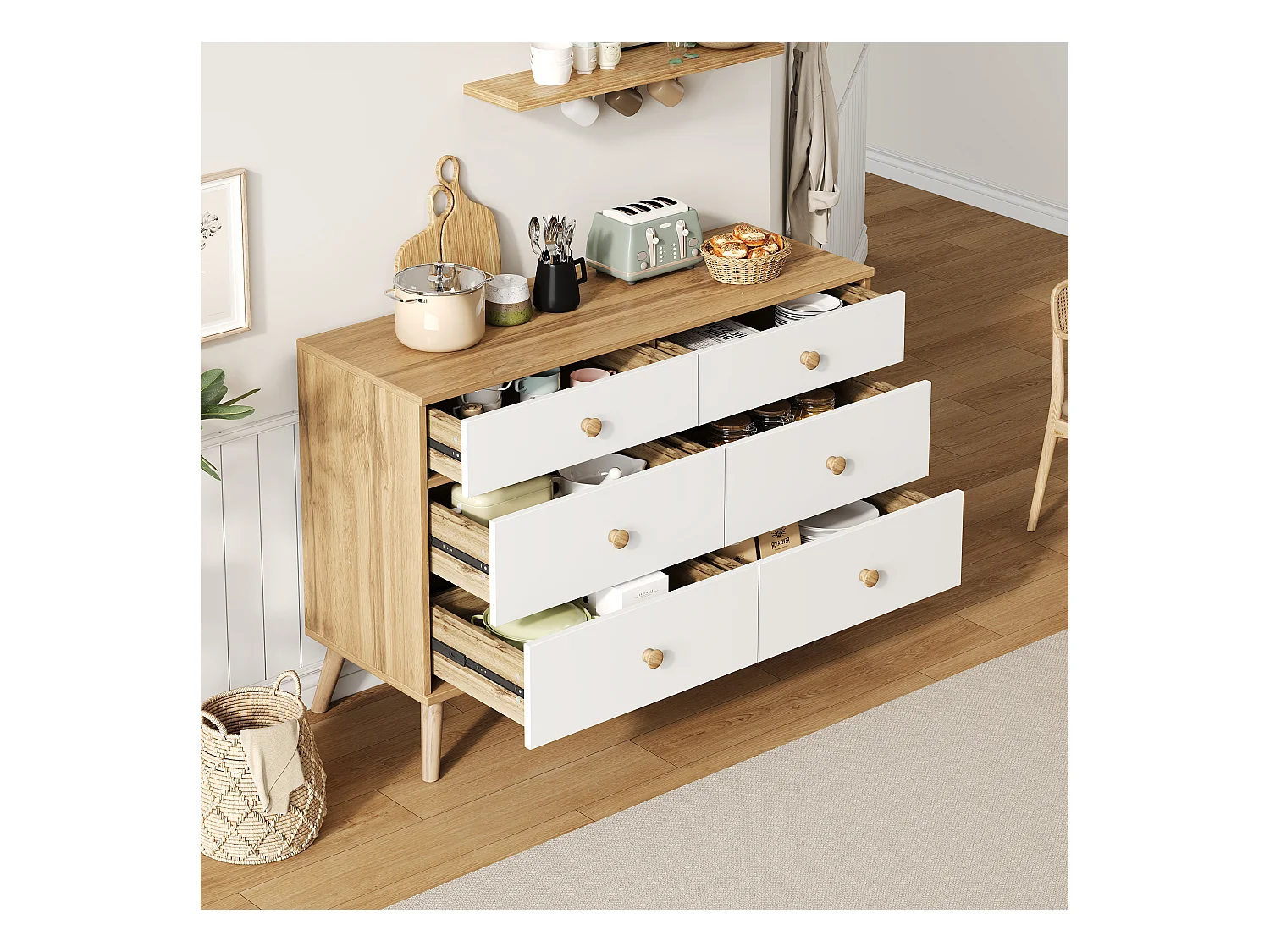 Commode avec 6 tiroirs - meuble de rangement - en bois - couleur bois naturel (116x40x80cm)