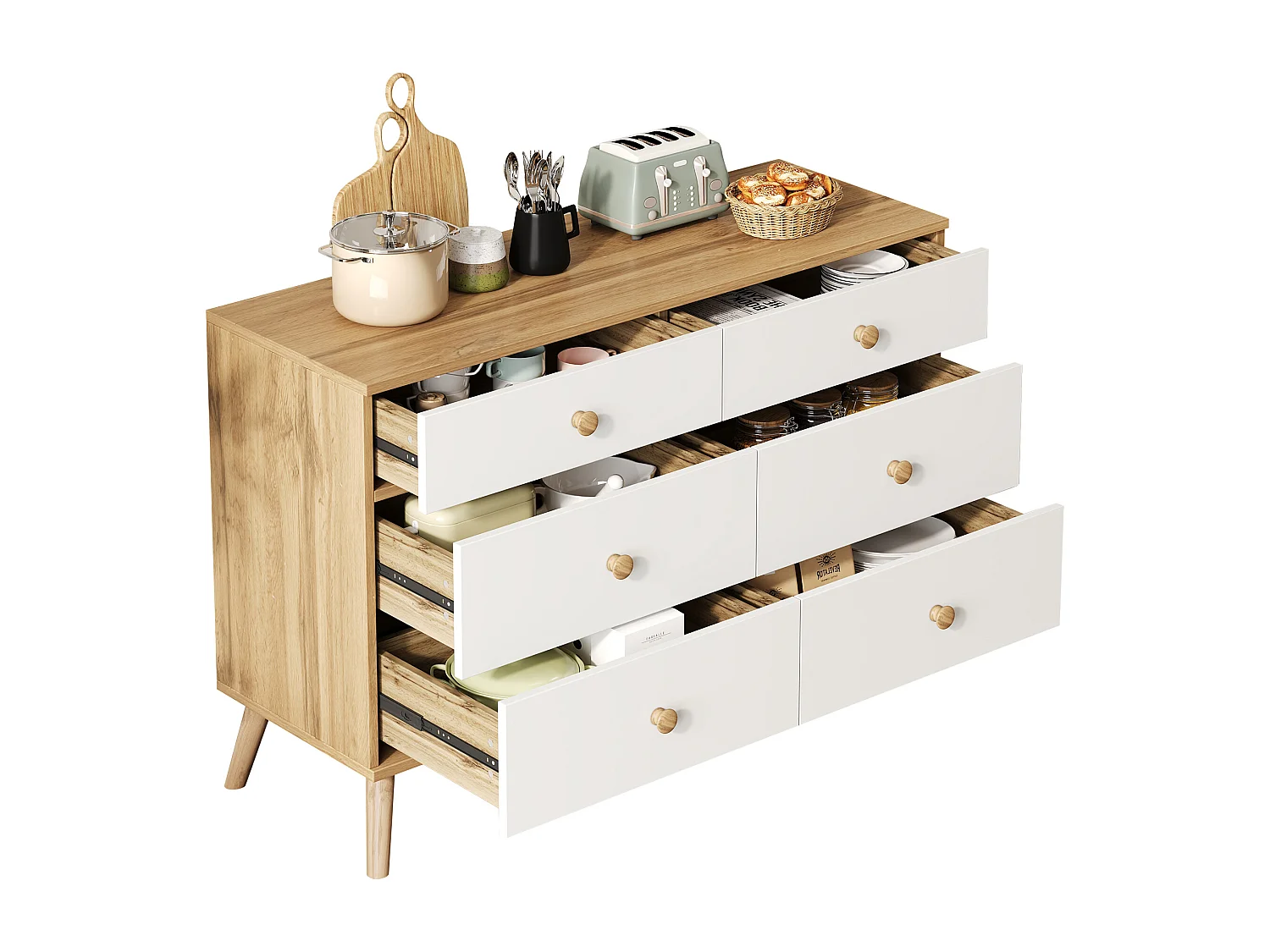 Commode 116x40x80cm avec 6 tiroirs - meuble de rangement - en bois - couleur bois naturel