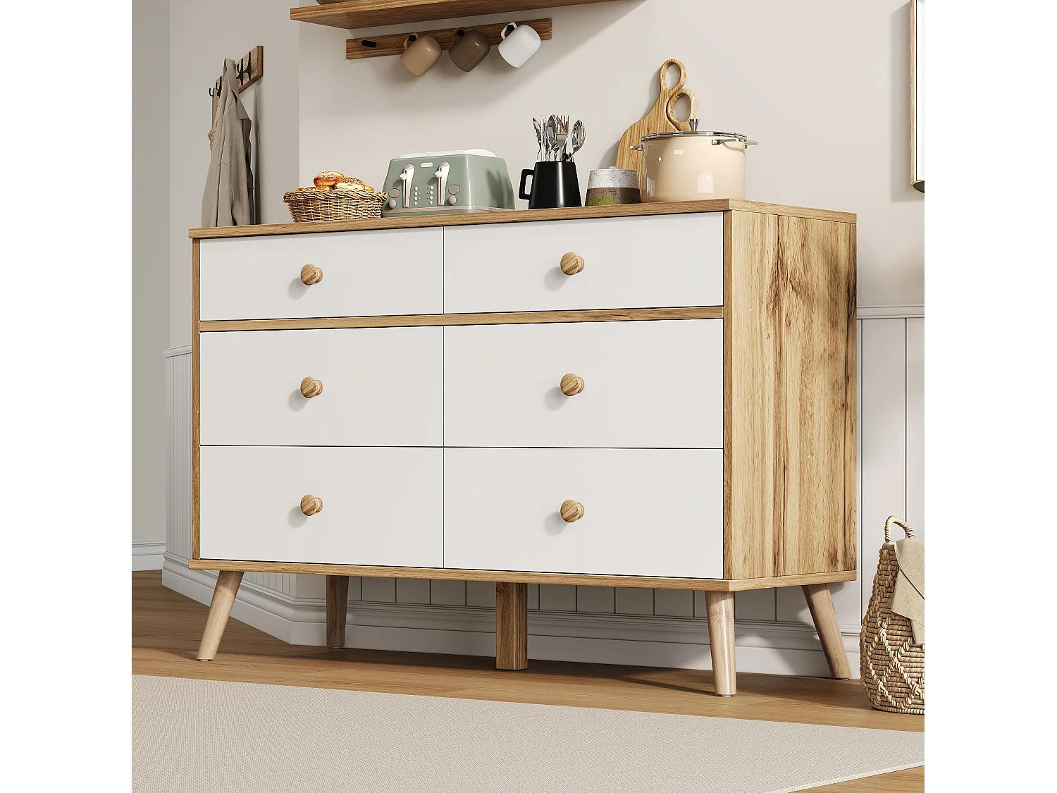 Commode 116x40x80cm avec 6 tiroirs - meuble de rangement - en bois - couleur bois naturel