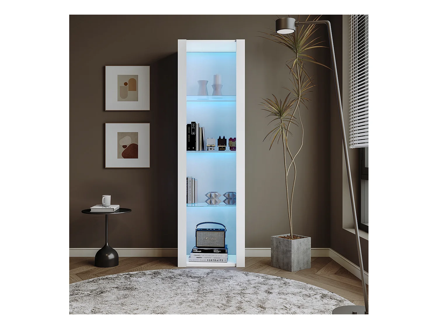 Vitrine LED 1 porte et 3 étagères en verre - meuble de rangement - bois - blanc (55x38x166 cm)