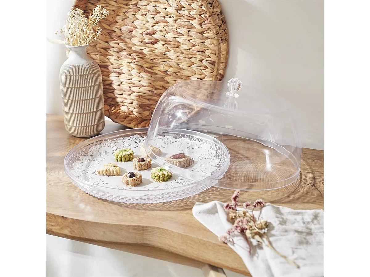 Plateau à gâteau avec cloche en plastique transparent diamètre 32,5 cm