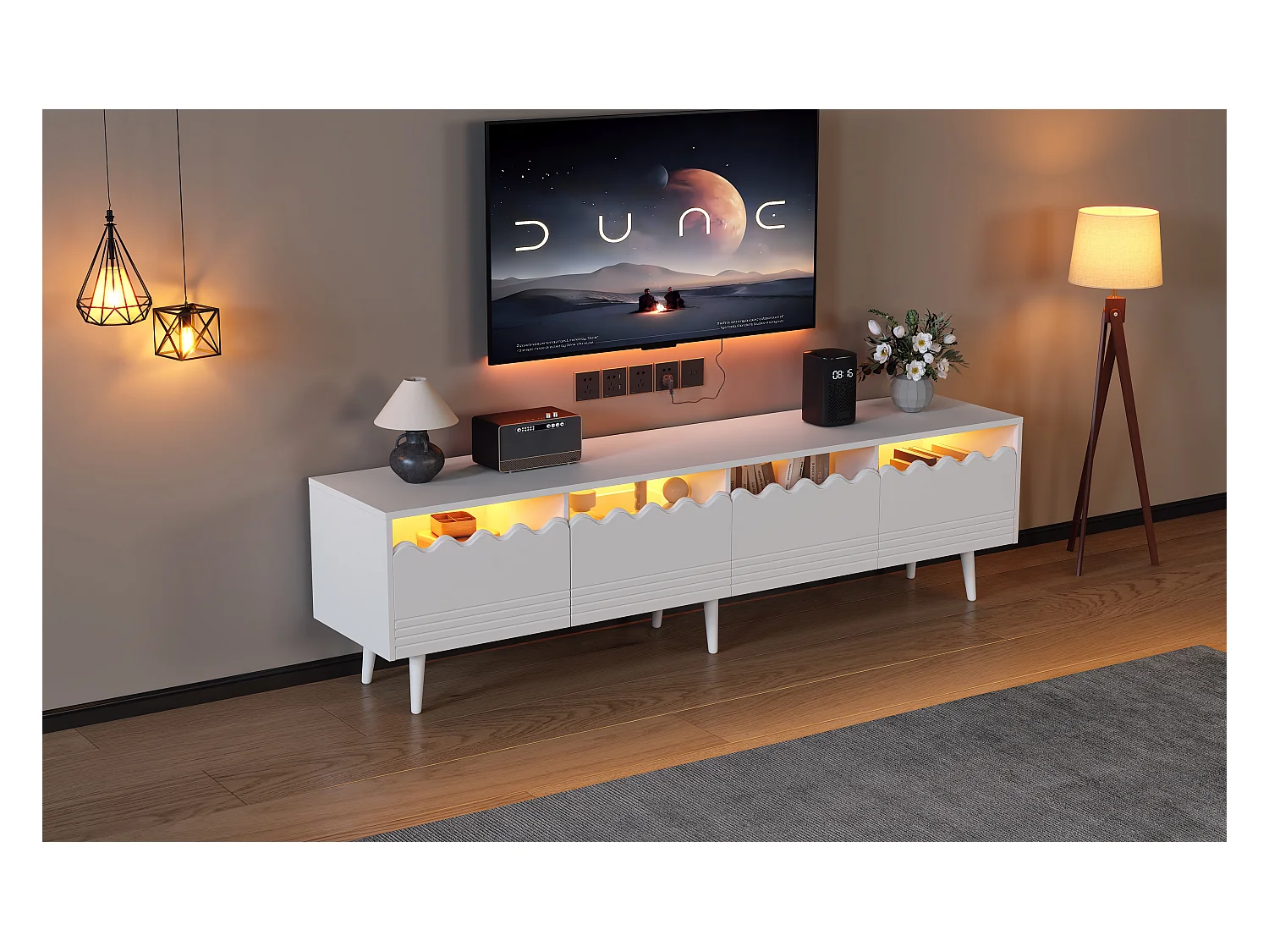 Meuble TV 176x38x30 cm LED avec 2 portes 2 tiroirs et rangement - pieds en bois - verre décoratif - blanc