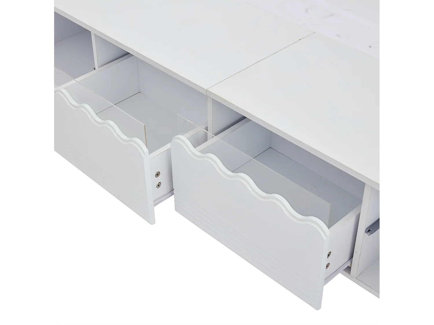 Meuble TV 176x38x30 cm LED avec 2 portes 2 tiroirs et rangement - pieds en bois - verre décoratif - blanc